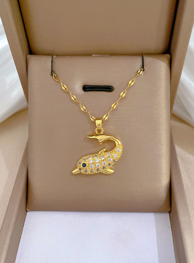 满钻海豚钛钢金色锁骨链女毛衣链