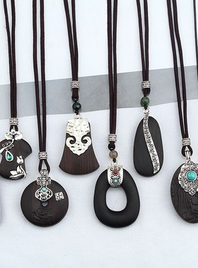 黑檀木吊坠女棉绳项链长款毛衣链