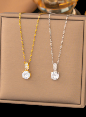 微镶锆石单钻吊坠短款钛钢项链女