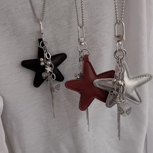 法式新款潮流皮质星星吊坠项链小众长款毛衣链饰品轻奢百搭项饰女