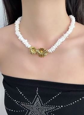 不规则贝壳串珠雏菊花朵项链女