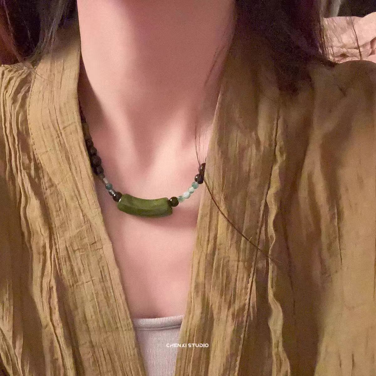 墨绿色小蛮腰吊坠串珠项链颈链女