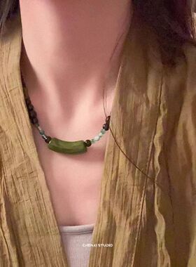 墨绿色小蛮腰吊坠串珠项链颈链女