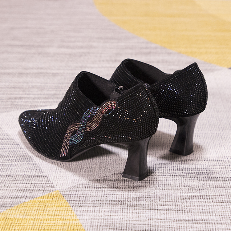 尖头粗跟深口单鞋满钻鞋子高跟