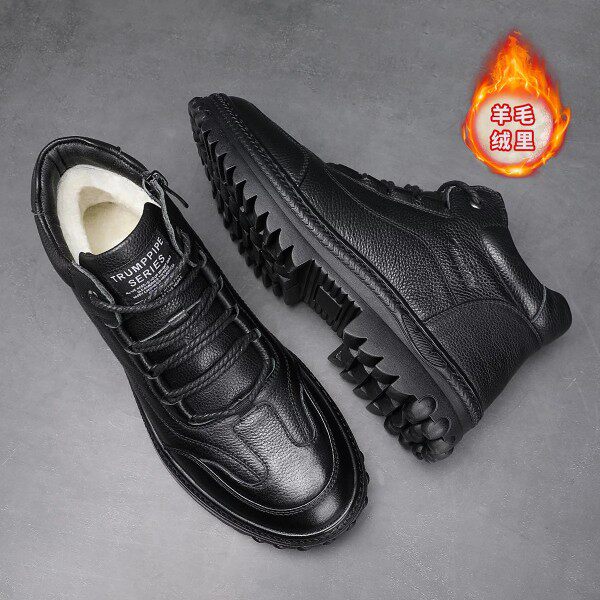 名人烟斗真羊毛冬季新款牛皮男靴真皮户外男棉鞋加绒保暖厚底男鞋