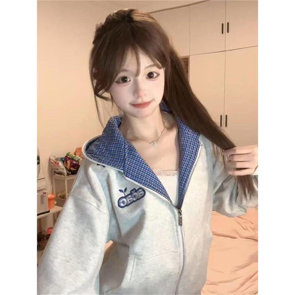 太甜啦!!!【格子拼接】美式复古学院风连帽卫衣女INS显瘦设计感衫
