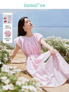 茵曼莱赛尔连衣裙2026夏季女装新款花苞袖花型腰带收腰显瘦裙子
