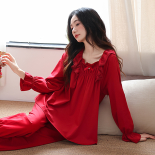 大红色睡衣女纯棉长袖春秋新款本命年结婚新婚套头全棉家居服套装