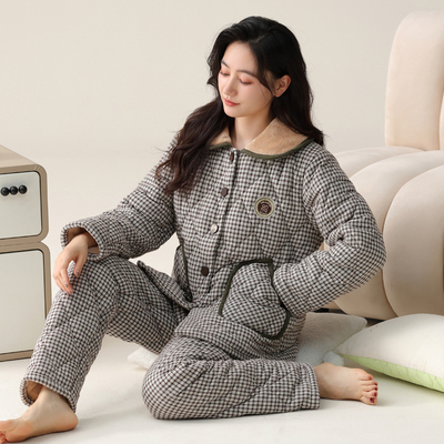 睡衣女纯棉夹棉家居服套装加厚