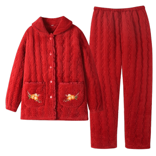 睡衣女冬天冬季三层加厚夹棉袄家居服保暖大红色大码加肥宽松套装
