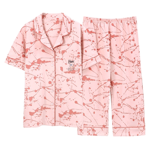 睡衣女士夏季夏天纯棉薄款短袖七分裤2024年新款加大码家居服套装