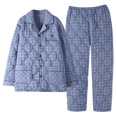 男款套装秋冬格子纯棉夹棉袄