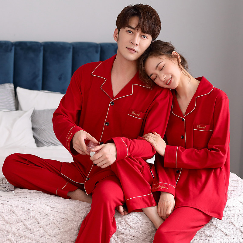 情侣睡衣女春秋季纯棉大红色新婚结婚庆男士宽松家居服套装可外穿