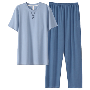 睡衣夏季休闲莫代尔男士三件套短袖长裤薄款加肥加大码家居服套装