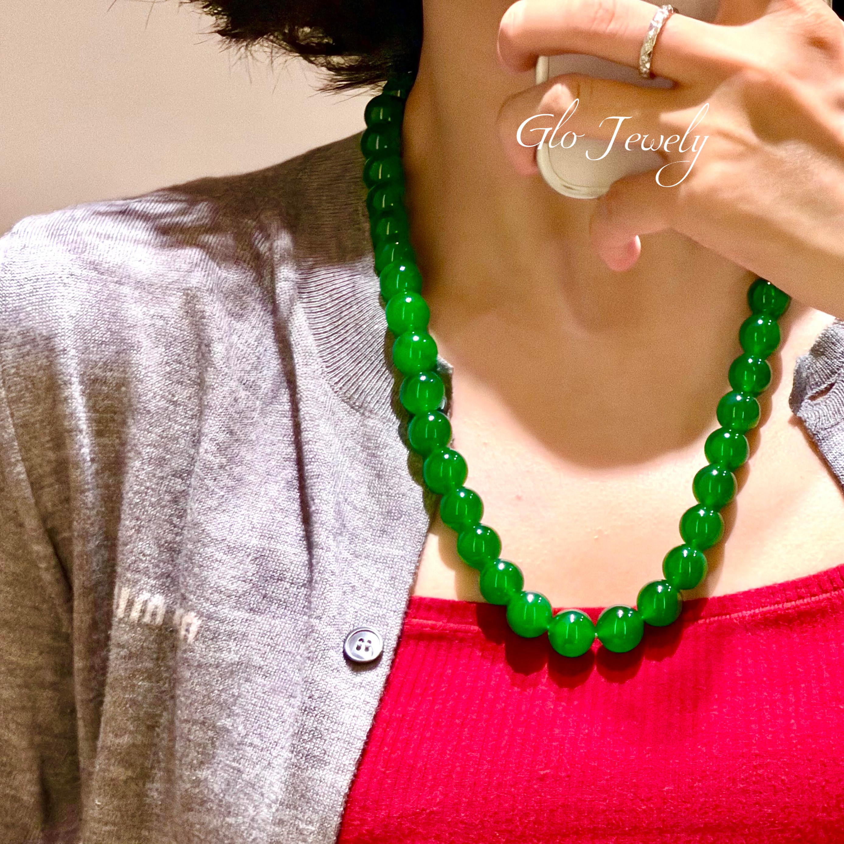 天然翡翠阳绿12mm毛衣链东方美新中式风格气场圆珠帝王绿项链女图片