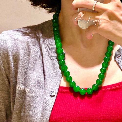 天然翡翠阳绿12mm毛衣链东方美新中式风格气场圆珠帝王绿项链女