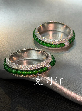 天然帝王绿翡翠戒指纯银冰种阳绿镶嵌时来运转指圈小戒面满绿女戒