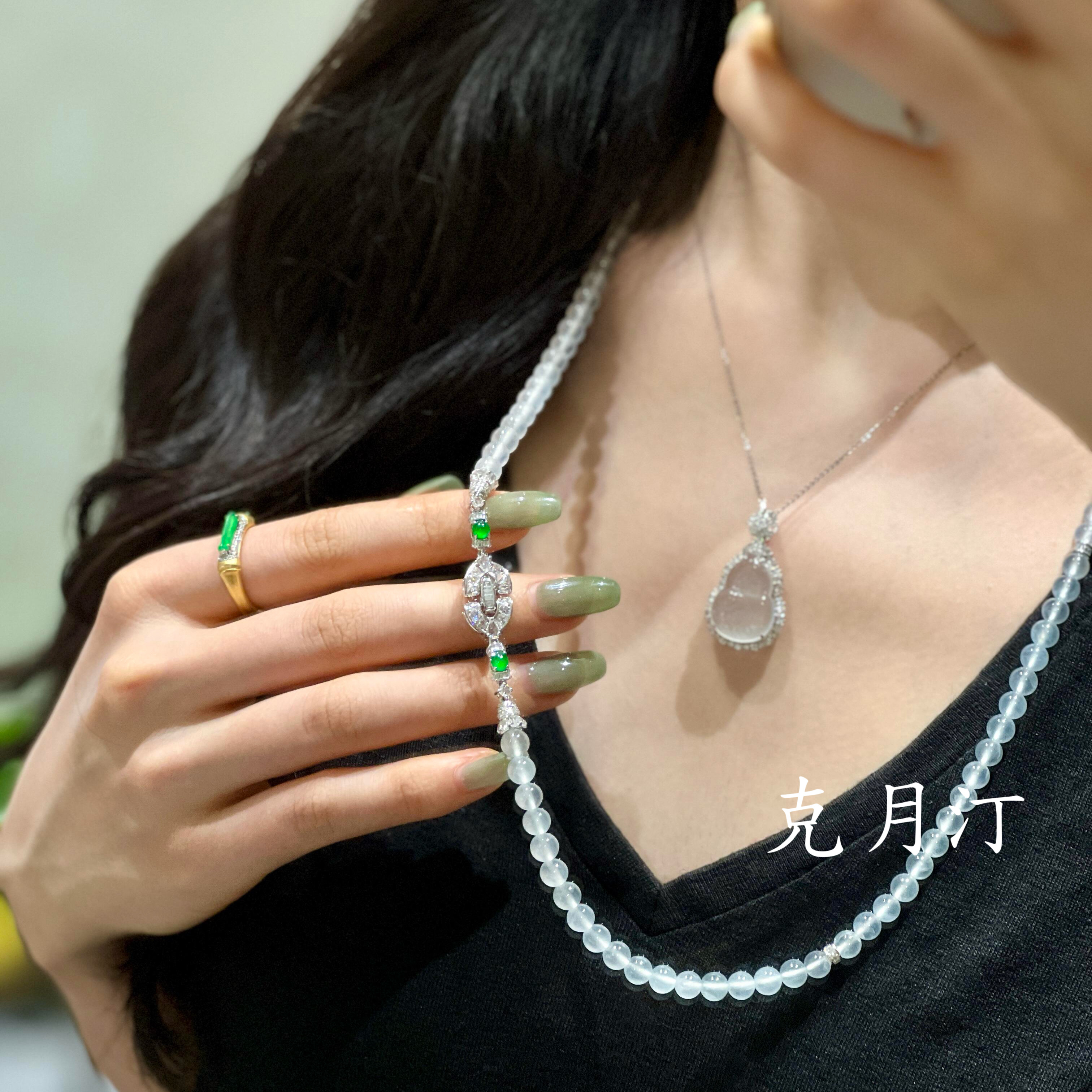 新中式天然冰种白冰项链玻璃种水沫玉小米珠毛衣链葫芦吊坠百搭女