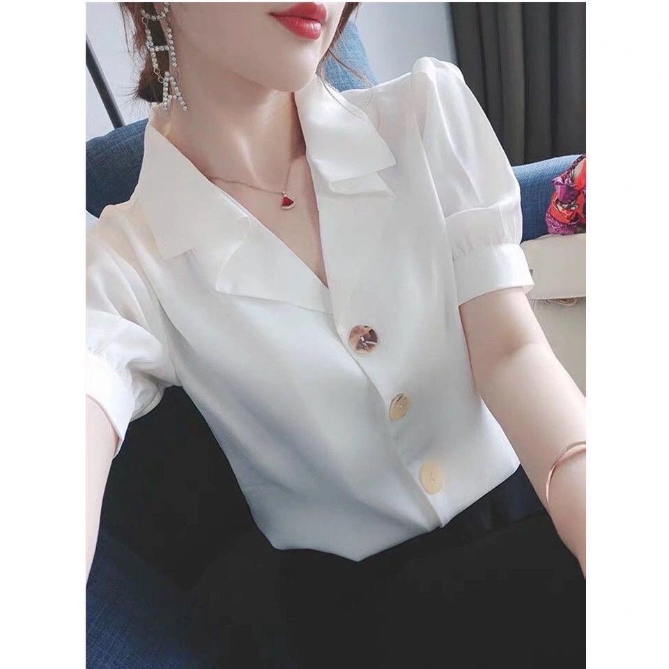 白色雪纺衬衫女夏季韩版短袖气质百搭减龄设计感小众复古V领衬衣