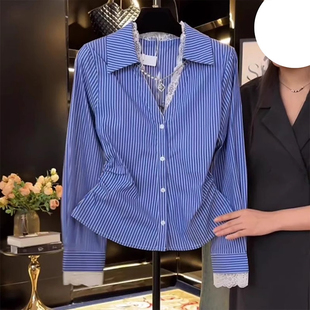 女装 蕾丝花边气质显瘦褶皱条纹长袖 2025春季 胖MM衬衫 衬衣 新款 大码