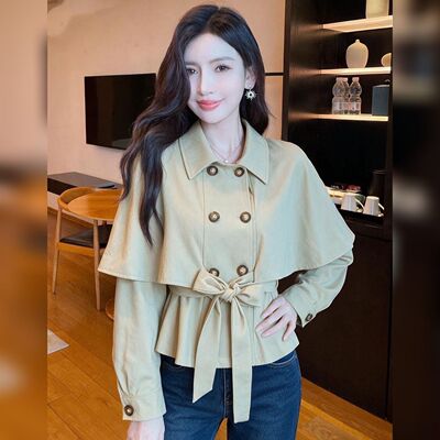 早秋新款斗篷风衣女小个子短款外套蝴蝶结收腰设计感气质显瘦上衣
