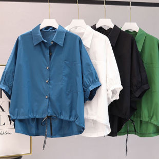 显瘦休闲下摆收腰短袖 新款 女式 衬衫 胖妹妹宽松 蝙蝠袖 上衣女装 夏季