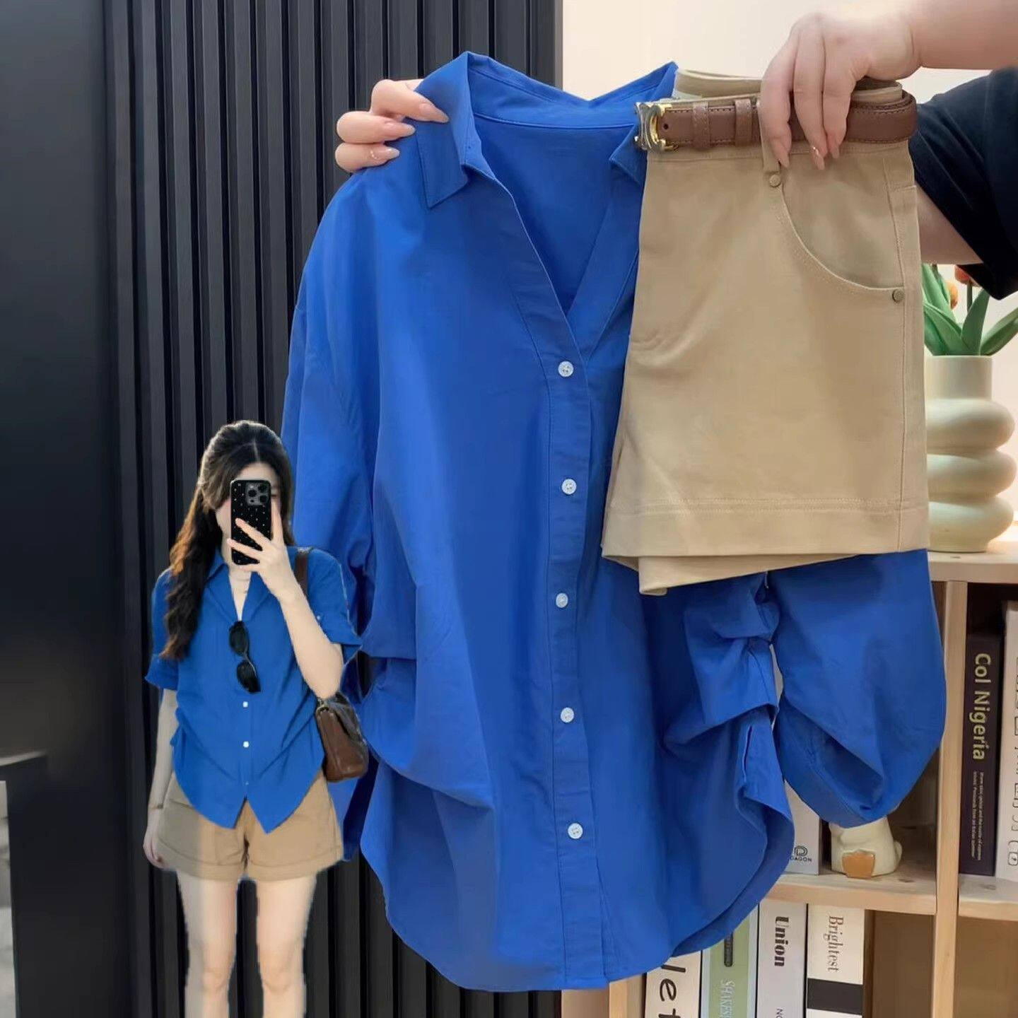 韩系chic克莱因蓝Polo领中袖衬衫女夏季抽褶收腰高级感防晒上衣潮