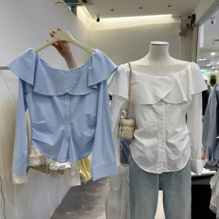 甜辣休闲长袖 新款 衬衣上衣 女士夏季 韩系荷叶边纯棉一字领露肩衬衫