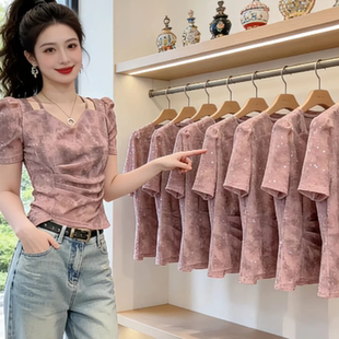 设计感泡泡袖上衣女夏装性感V领不规则褶皱短袖T恤修身网纱小衫潮