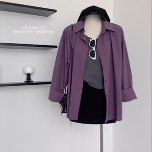 高级感小众设计polo领早秋款 法式 女秋季 高级感紫色长袖 上衣潮 衬衫