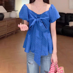 波点短袖 女夏季 法式 蓝色衬衫 上衣 2025新款 遮肉显瘦衬衣蝴蝶结小衫