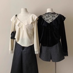 小香风蕾丝拼接黑色丝绒衬衫女2025秋款内搭别致绝美荷叶边打底衫