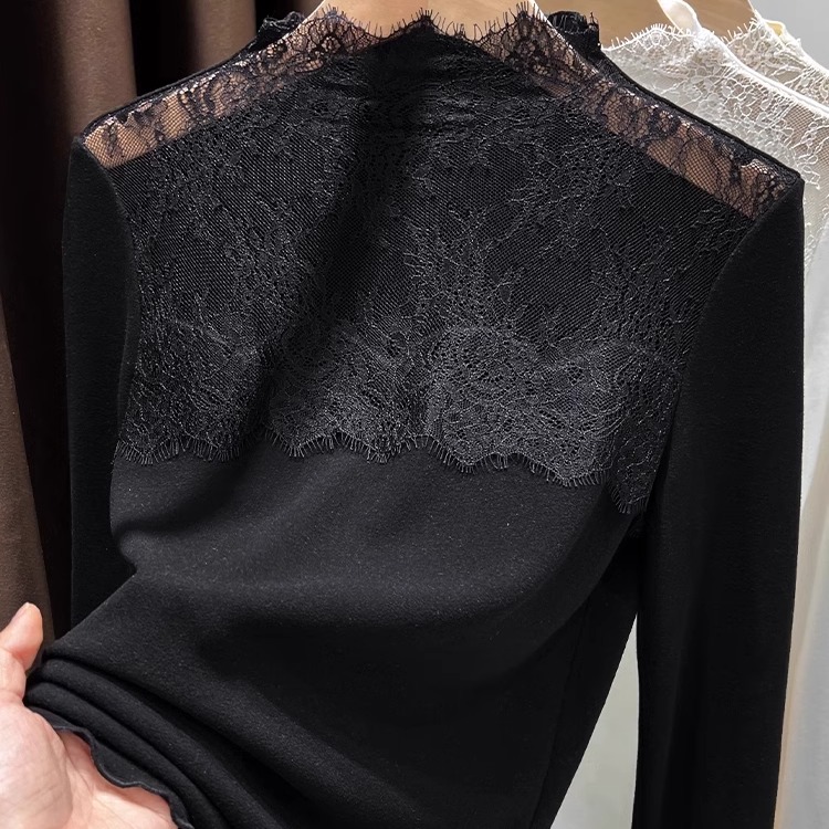 胸前蕾丝德绒打底衫女秋冬洋气性感内搭长袖修身别致绝美小上衣