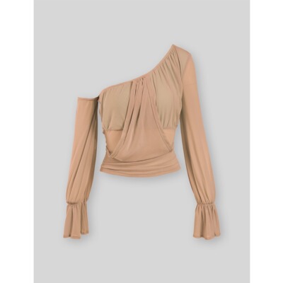 【蜜蜜家】薄荷曼波 欧美辣妹气质修身设计感斜肩长袖上衣25/Z569