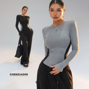 欧美辣妹显瘦修身 瞳孔 圆领撞色拼接长袖 上衣 Z690 蜜蜜家