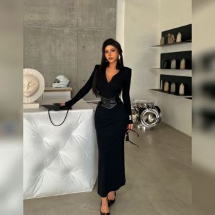 蜜蜜家 欧美辣妹立领纽扣长袖 连衣裙 Y755 带垫肩磨毛长款