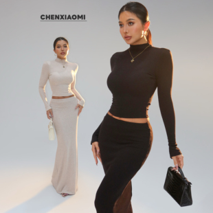 欧美辣妹修身 素茶 上衣 半身裙长裙两件套25 Q179 Z699 蜜蜜家