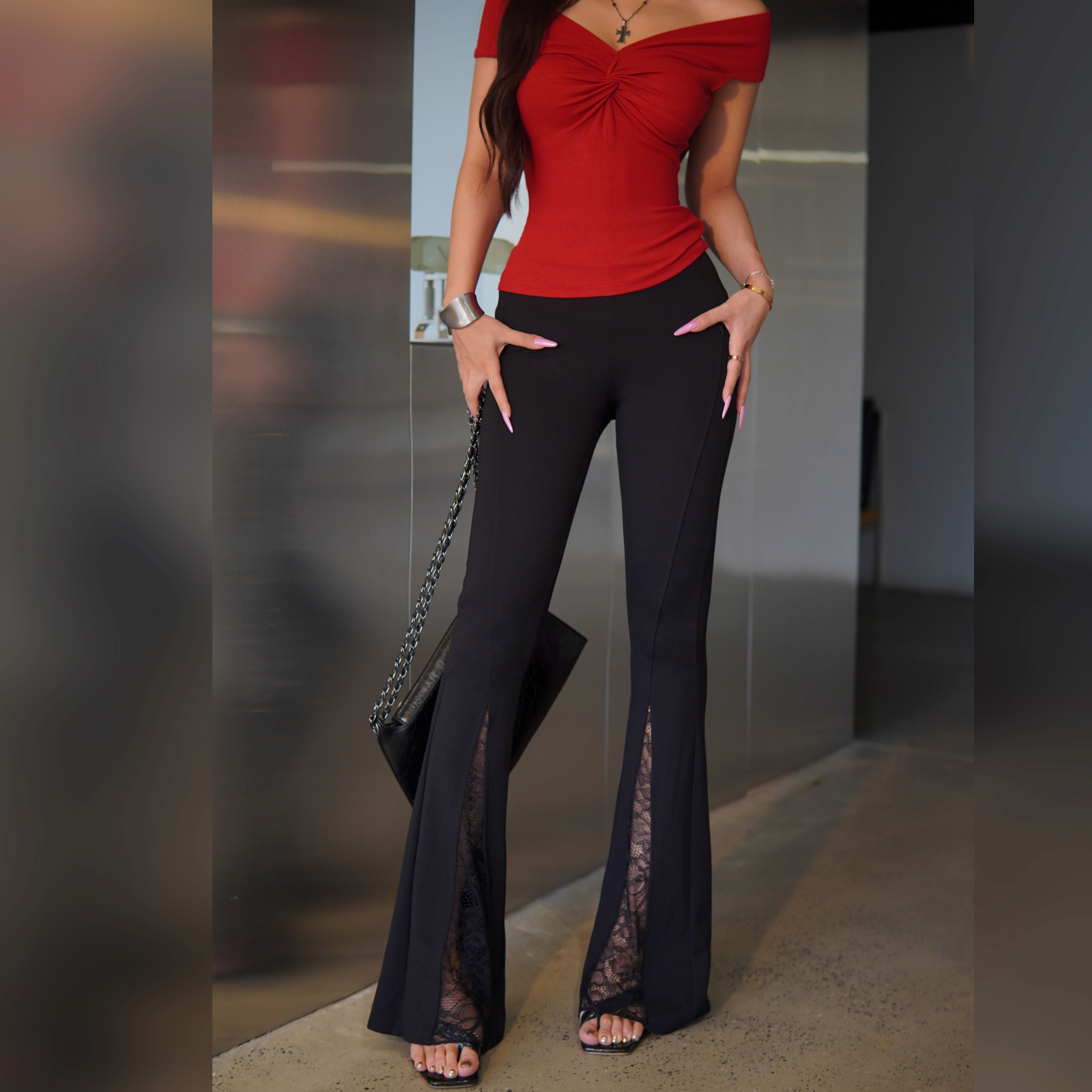 【蜜蜜家】拾花归 欧美辣妹开叉蕾丝镂空休闲裤长裤 25/K147/K151