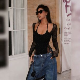 点钻蕾丝拼接针织假两件连体上衣 性感判官 Z724 蜜蜜家