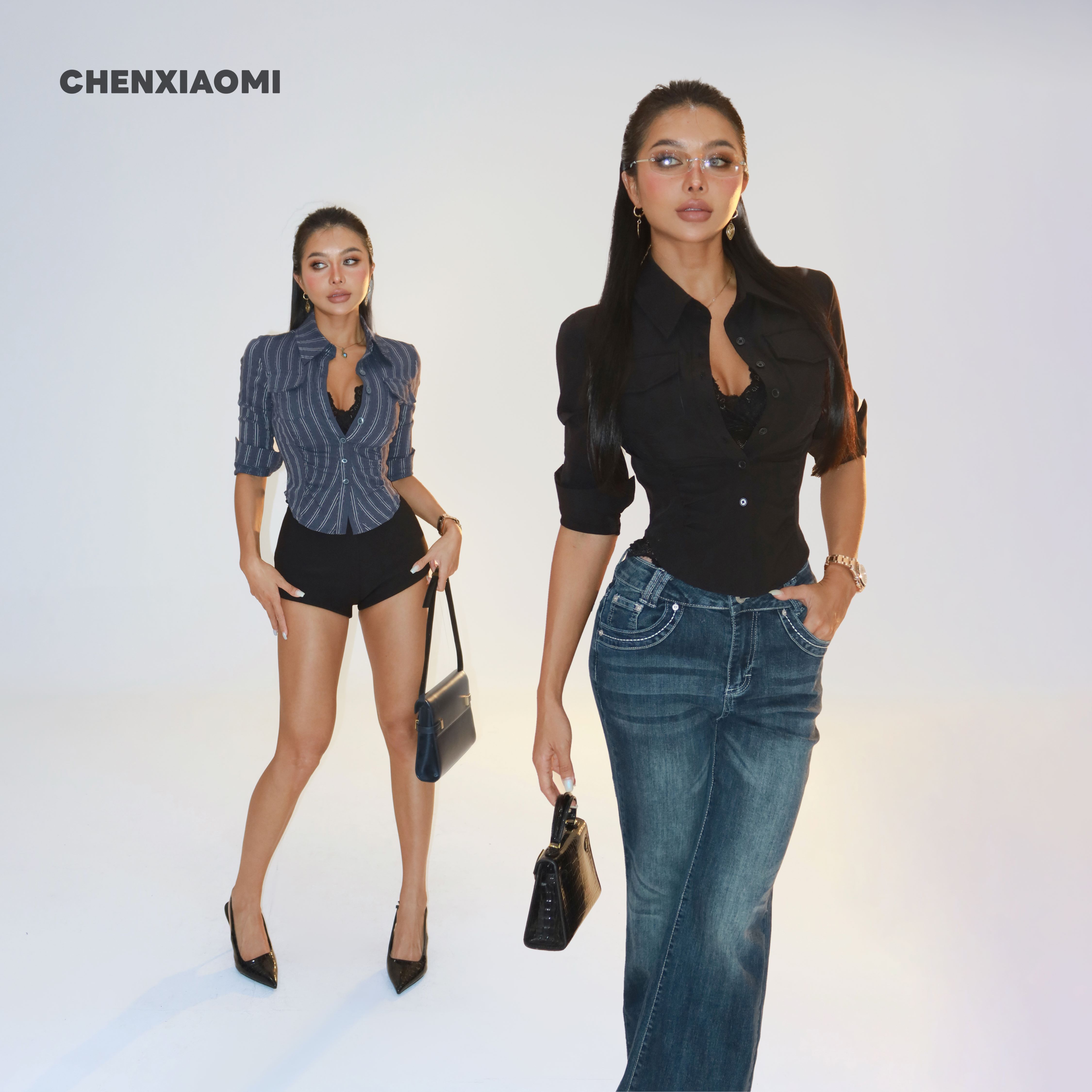 【蜜蜜家】晨间海浪 欧美辣妹修身设计感优雅长袖衬衫 25/C070