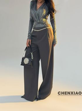 【蜜蜜家】晨雾百合 欧美辣妹设计感阔腿加厚复合衬西装裤25/K162