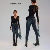 女8079 修容显瘦显高小脚牛仔裤 蜜蜜家 复古翘臀丰胯深蓝铅笔裤