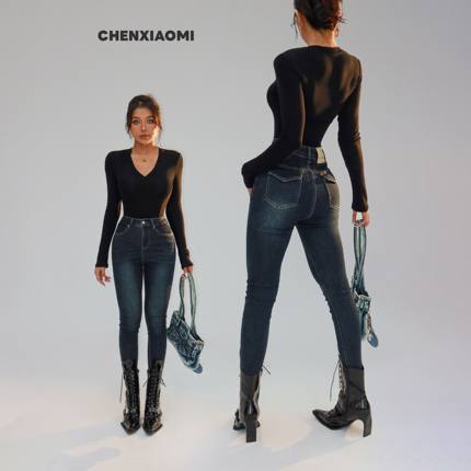 【蜜蜜家】复古翘臀丰胯深蓝铅笔裤修容显瘦显高小脚牛仔裤女8079