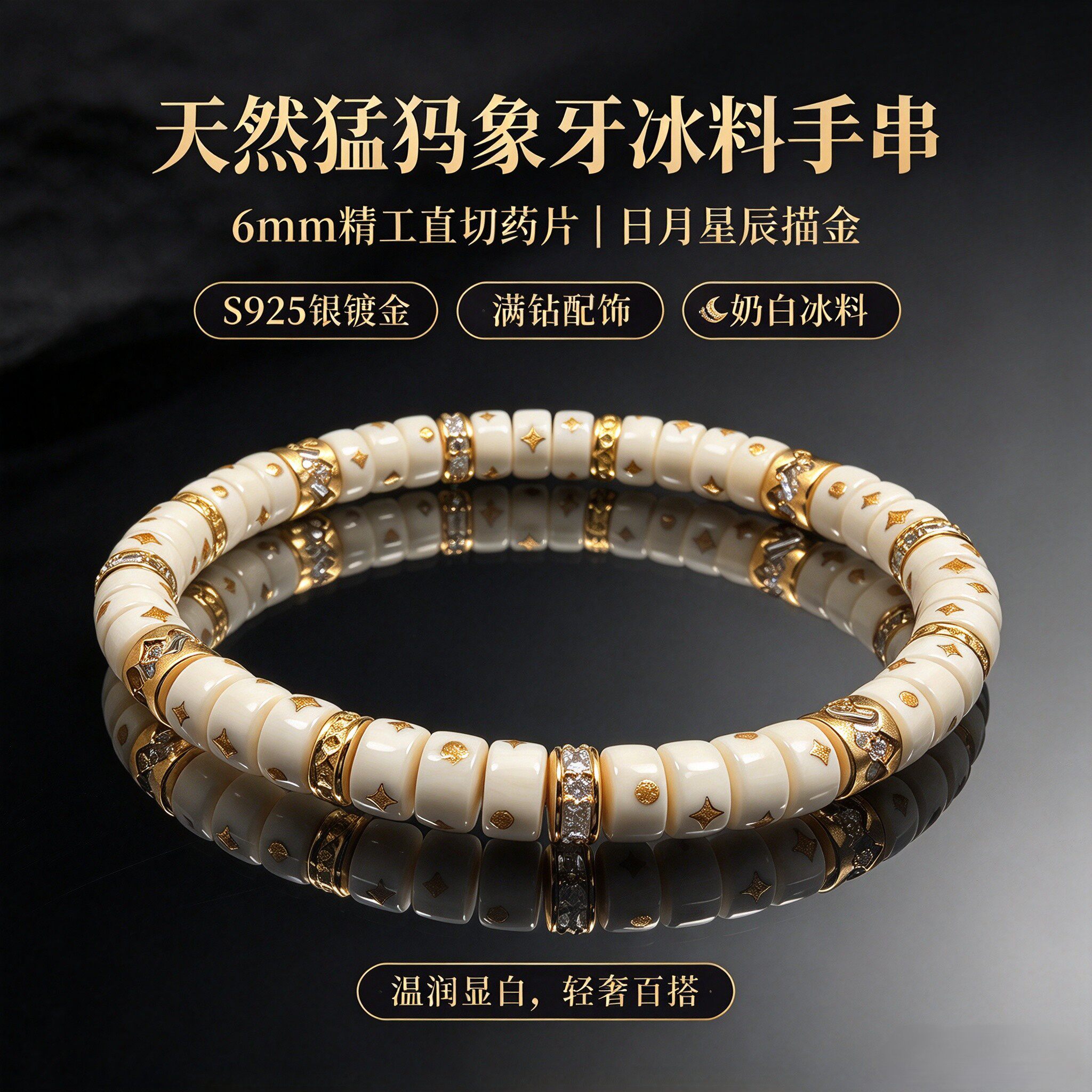 天然猛犸象牙手串描金日月星辰S925满钻6mm精工直切药片轻奢手链