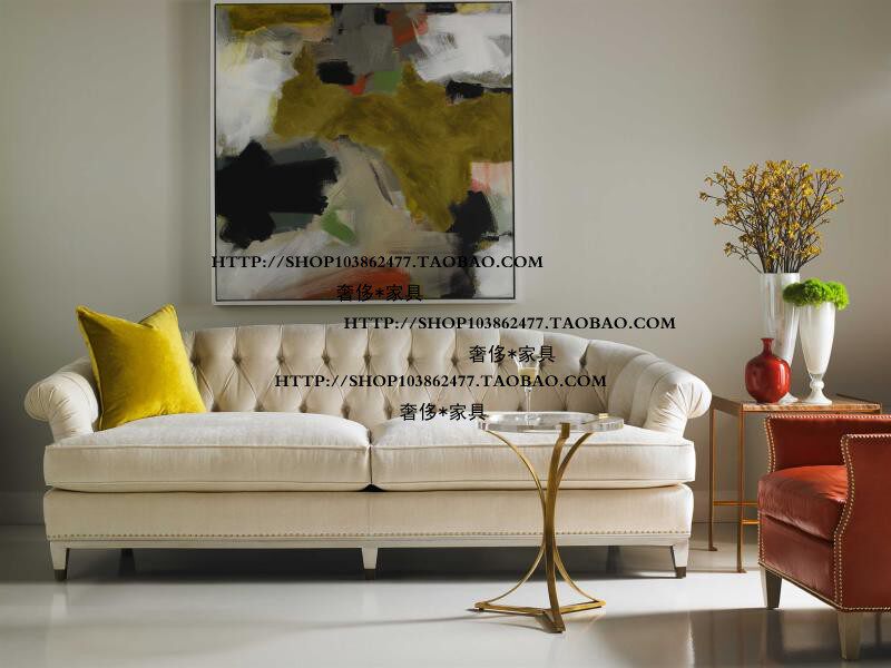 北欧美式乡村风格实木纽扣布艺双人三人位沙发别墅客厅组合家具