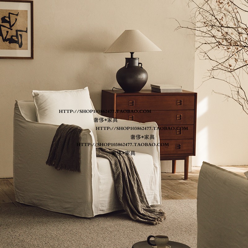 亚麻布艺单人位沙发椅北欧海绵