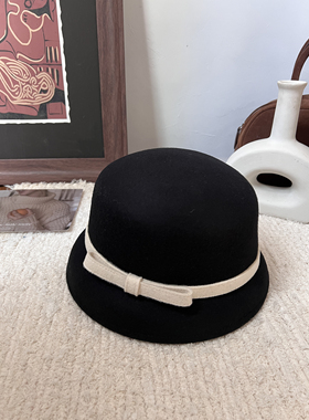 100%羊毛冬季礼帽女日系复古优雅法式蝴蝶结简约黑色时髦极简盆帽