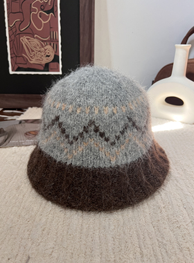时髦费尔岛提花针织渔夫帽女秋冬韩版复古百搭毛茸茸文艺气质盆帽