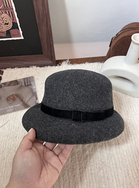 高品质100%羊毛呢千金礼帽女秋冬日系复古优雅极简蝴蝶结文艺盆帽