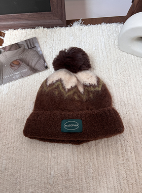 费尔岛风软糯针织帽女秋冬日系复古百搭卷边护耳保暖时髦小众帽子